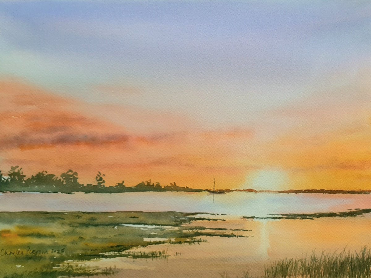 Impressionistic Watercolour , Warm Sunset Over Still Waters By Charles Pierson, 15 X 11, Artwork For Sale On Artfinder