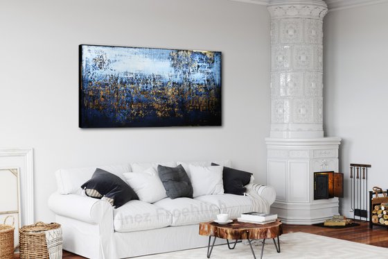 SUNNY WINTER DAY - 80 x 160 CM - TEXTURED ACRYLIC PAINTING ON CANVAS * WHITE BLUE * GOLD