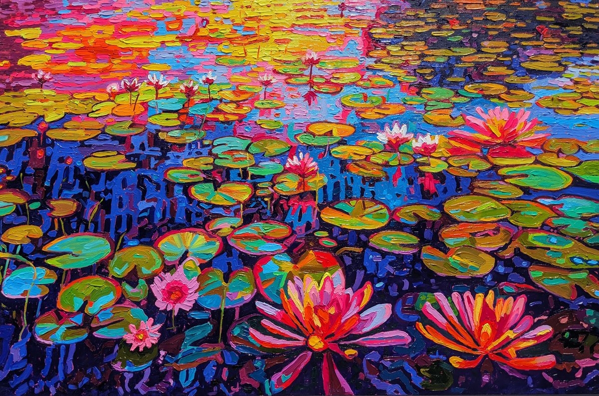 Impressionistic Landscape Oil Painting By Irinagoldenfish, 39 X 26, Lilies At Sunset Ii, Original Artwork