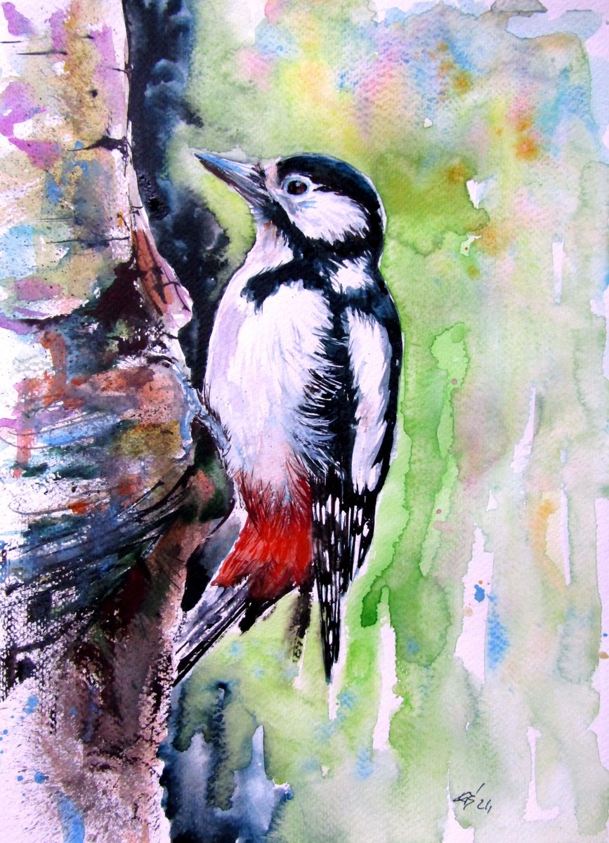 Impressionistic Animal Watercolour By Kovacs Anna Brigitta, 10 X 14", Woodpecker Working, Original Artwork