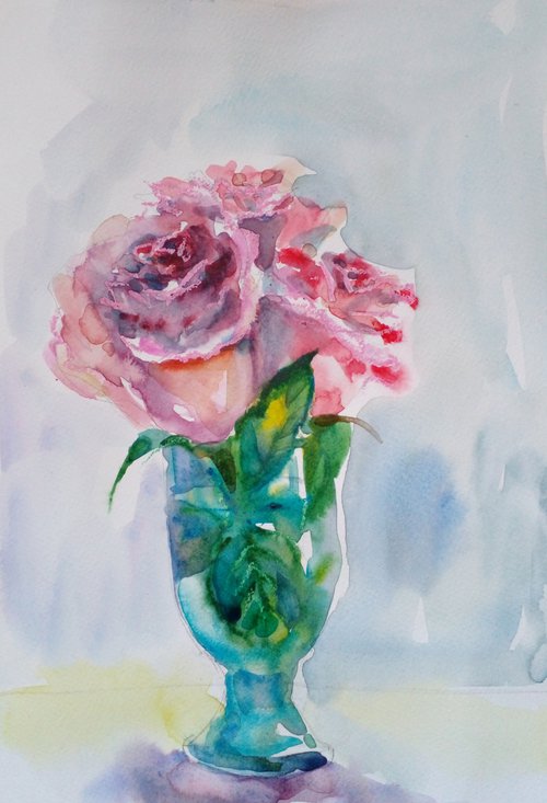 Three May Roses in a glass/study2 by Oxana Raduga