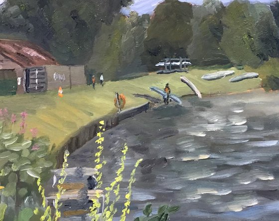 Canoeing and rowing on the river - an oil painting
