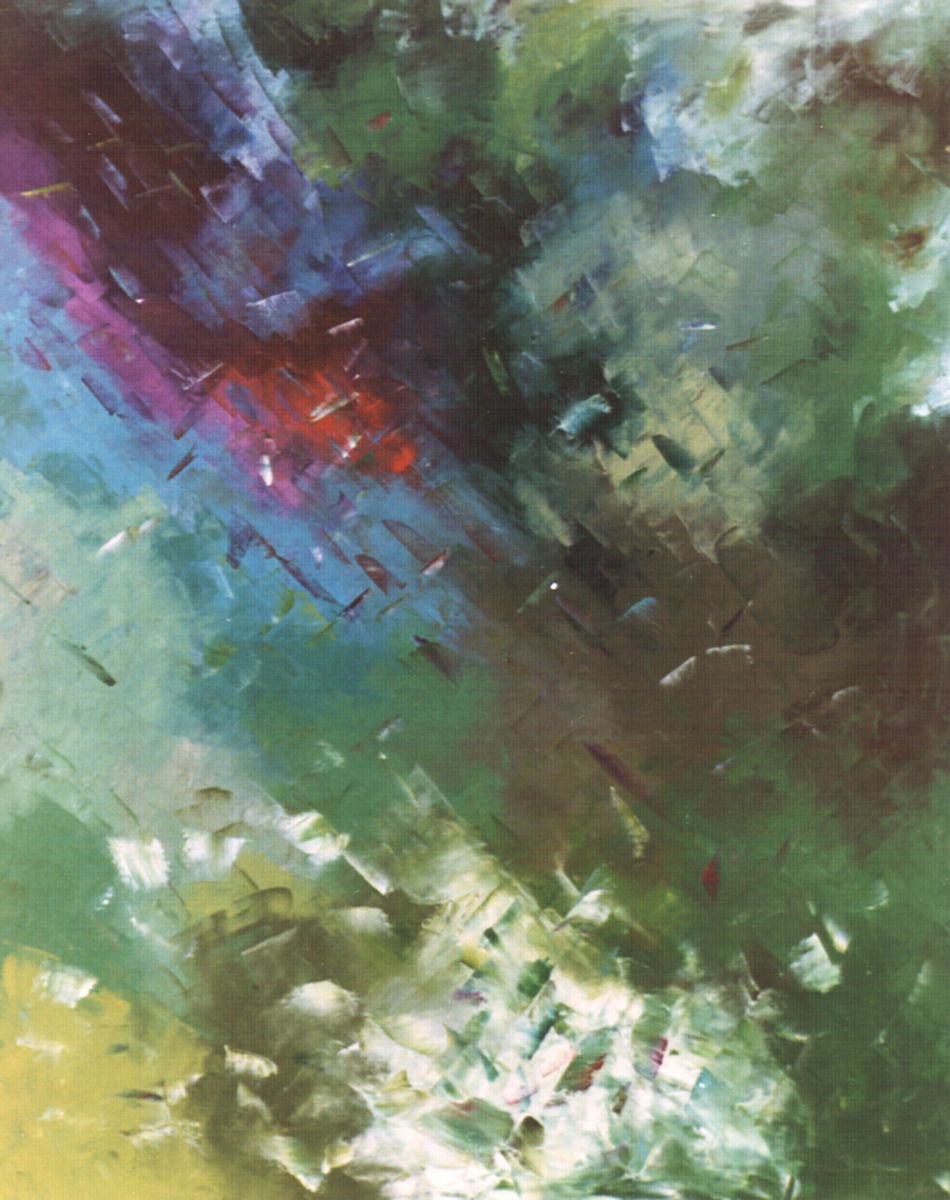 Abstract Landscape Oil Painting By Saroja Van Der Stegen, 33 X 41", Green-Purple (Ref#:301-40F), Original Artwork