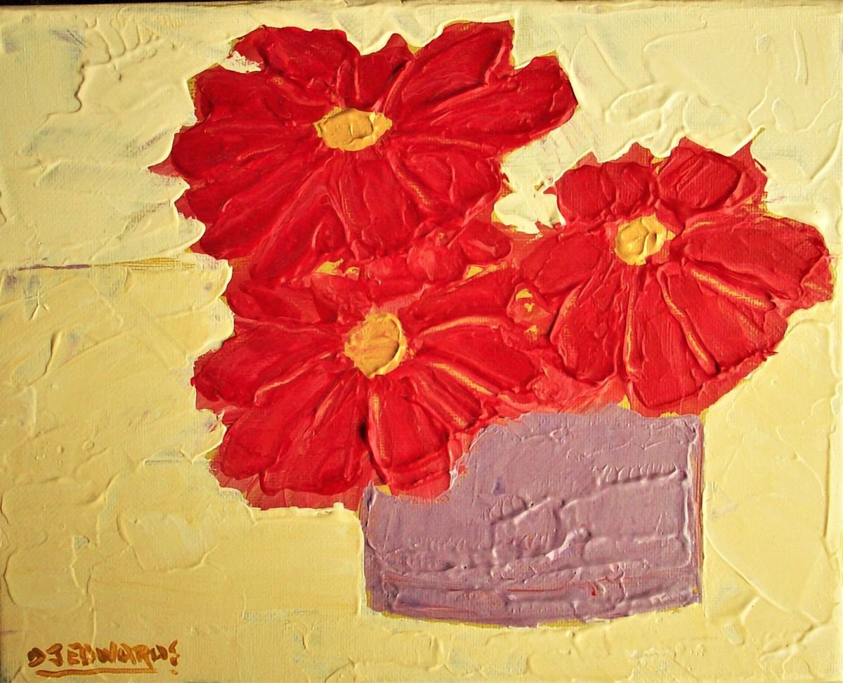 Impressionistic Botanical Acrylic Painting By David J Edwards, 10 X 8, Gerbera Trio, Original Artwork