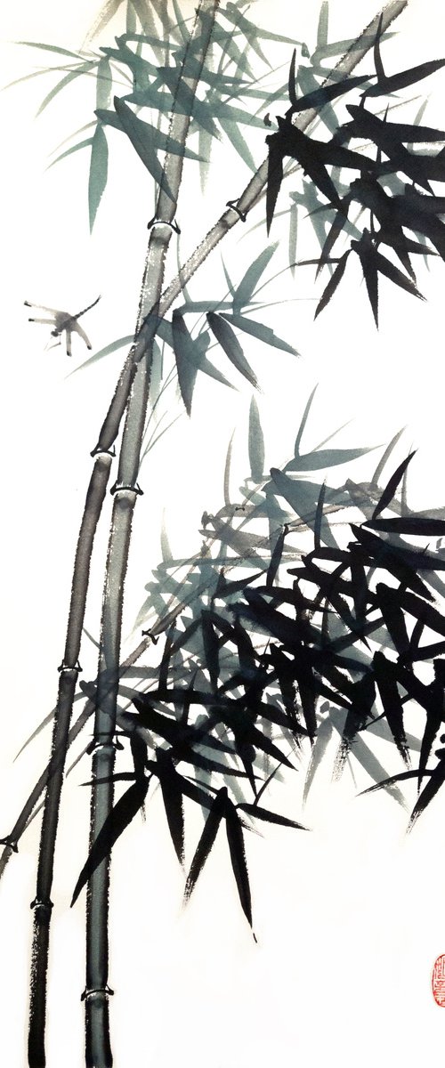 Bamboo and butterfly- Bamboo series No. 2125 - Oriental Chinese Ink Painting by Ilana Shechter
