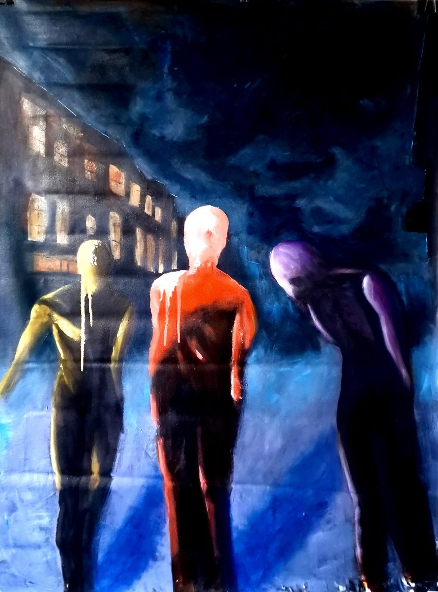 Expressive Portrait Oil Painting By Leezee Lee ( Georgiana L. Nicolae), 36 X 49", Strangers On A Dark Street, Original Artwork