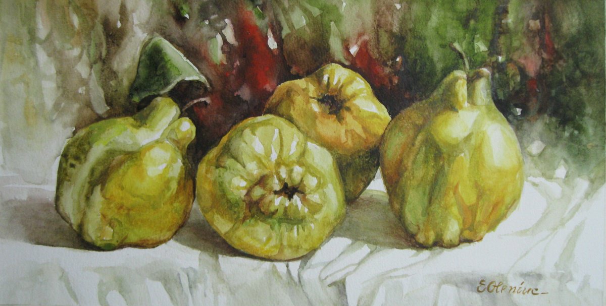 Impressionistic Still Life Watercolour By Elena Oleniuc, 17 X 9, Quinces, Original Artwork