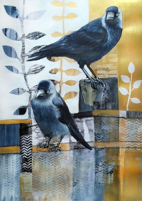 The watchers (Jackdaws mixed media painting)