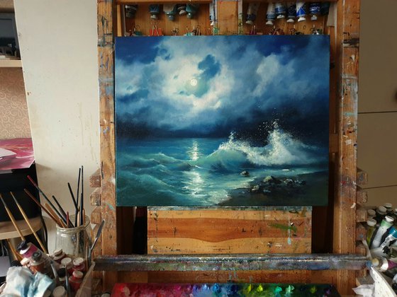 "Night sea." seascape sea night liGHt original painting  GIFT (2020)