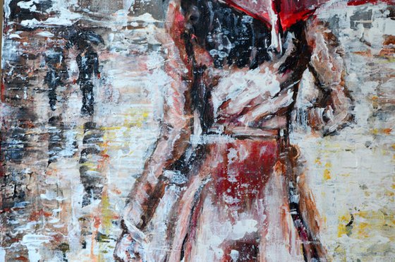 Red Umbrella- Long Deep Edge Canvas Ready to Hang, Palette Knife, CITY