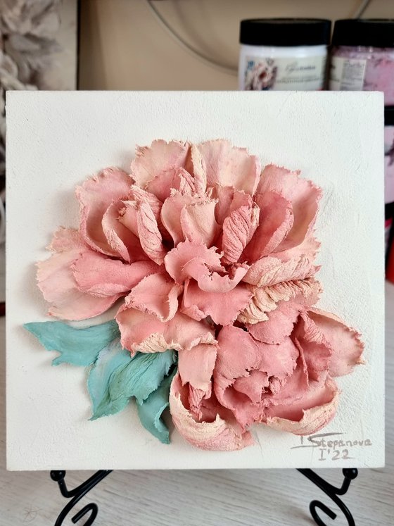 Peony flower panel. Small ceramic sculpture 3d flower with pink petals. Tender peony botanical bas- relief. Peonies - 3d painting