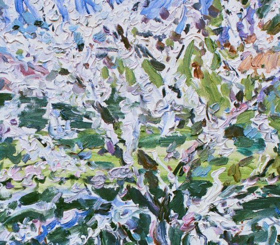 FLOWERING BUSH - original oil on canvas, floral landscape art, blooming tree plant, spring flower, interior decor