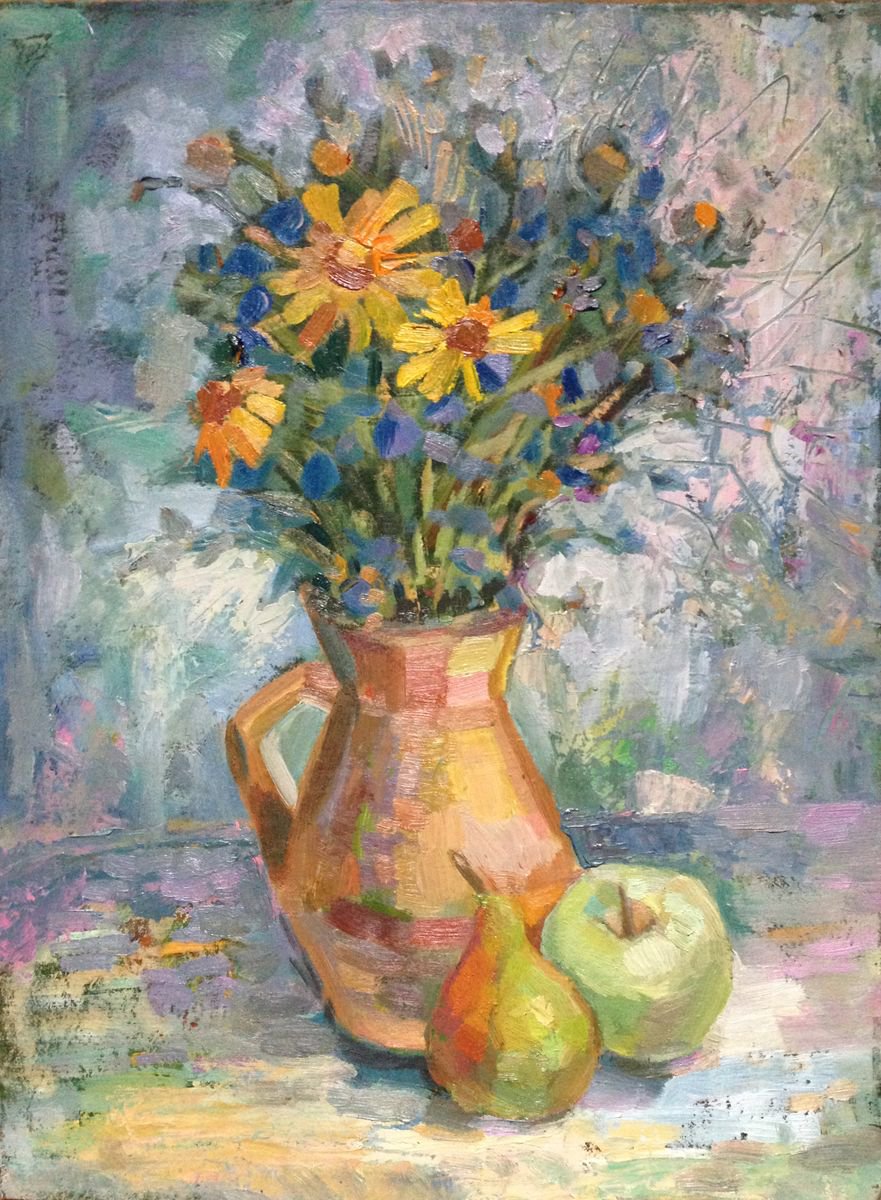 Still life with wild flowers and fruit by Roman Sergienko