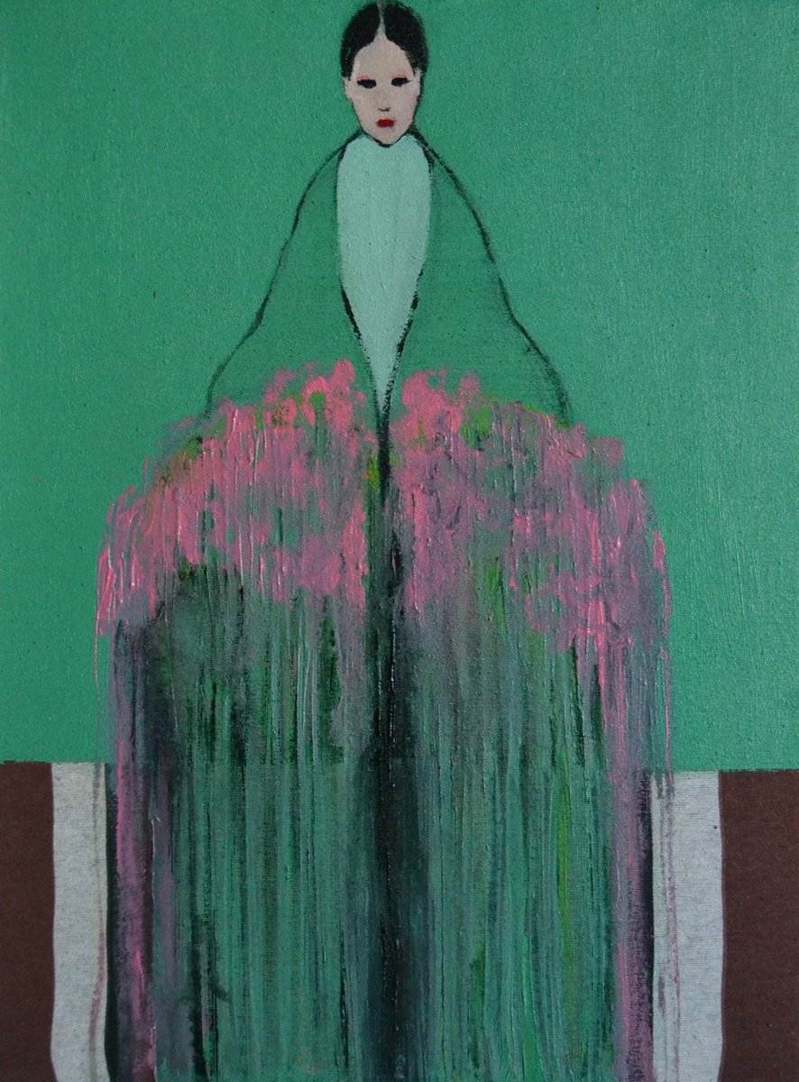 Abstract Portrait Painting By Gela Mikava, 12 X 16, The Girl With Bouquet, Original Artwork