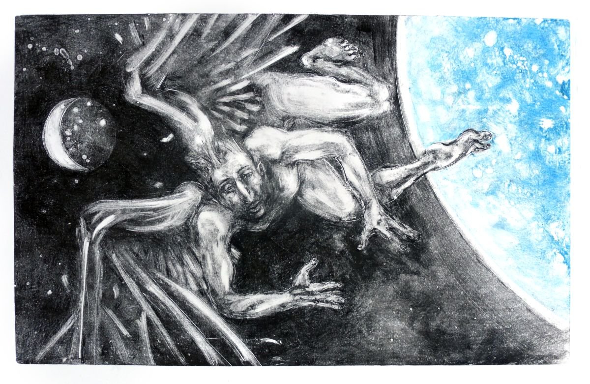 Surrealistic Abstract Limited Edition Print By John Sharp, 31 X 20, Angel,Planet,Moon -Falling 1, Original Artwork