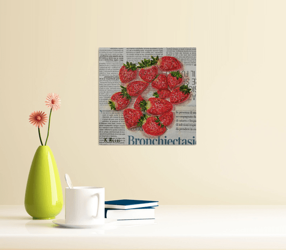 "Strawberries on Newspaper Original Oil on Canvas Board Painting 8 by 8 inches (20x20 cm)