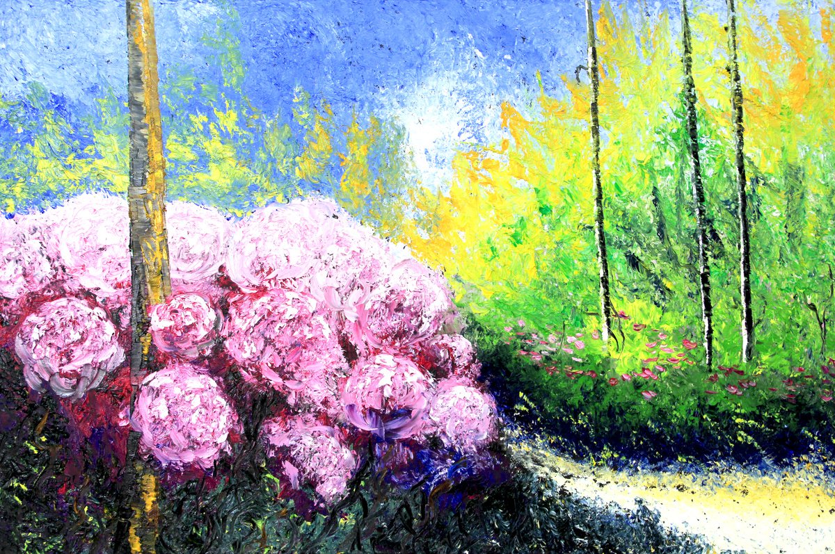 Pink flowers in a sunny day landscape. ORIGINAL OIL PAINTING ON CANVAS by Olya Shevel