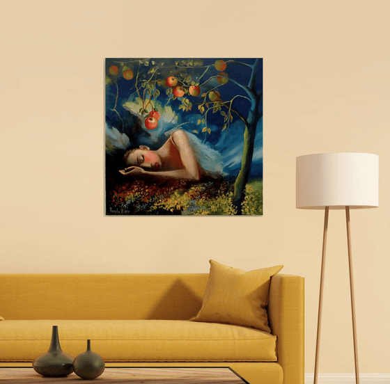 " Golden Silence " - 80 x 80cm Original Oil Painting - Angel -