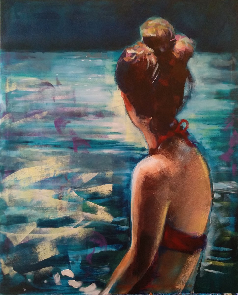 Expressive Portrait Acrylic Painting By Marina Del Pozo, 32 X 39", El Rio, Original Artwork