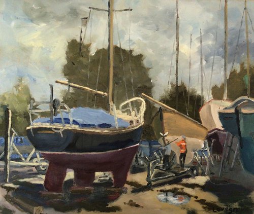Yacht repairs, an impressionist oil painting by Julian Lovegrove Art