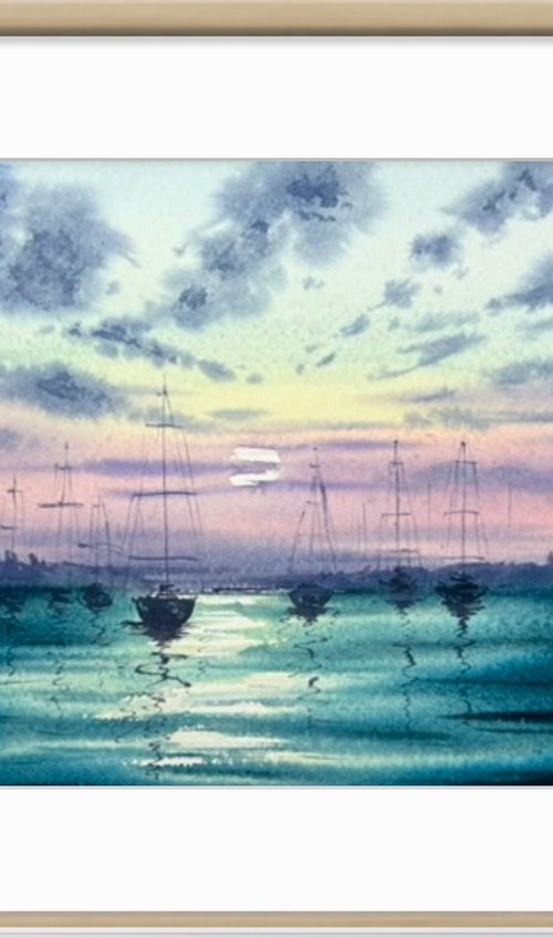 Moonlight on the sea Yachts by Yuliia Sharapova