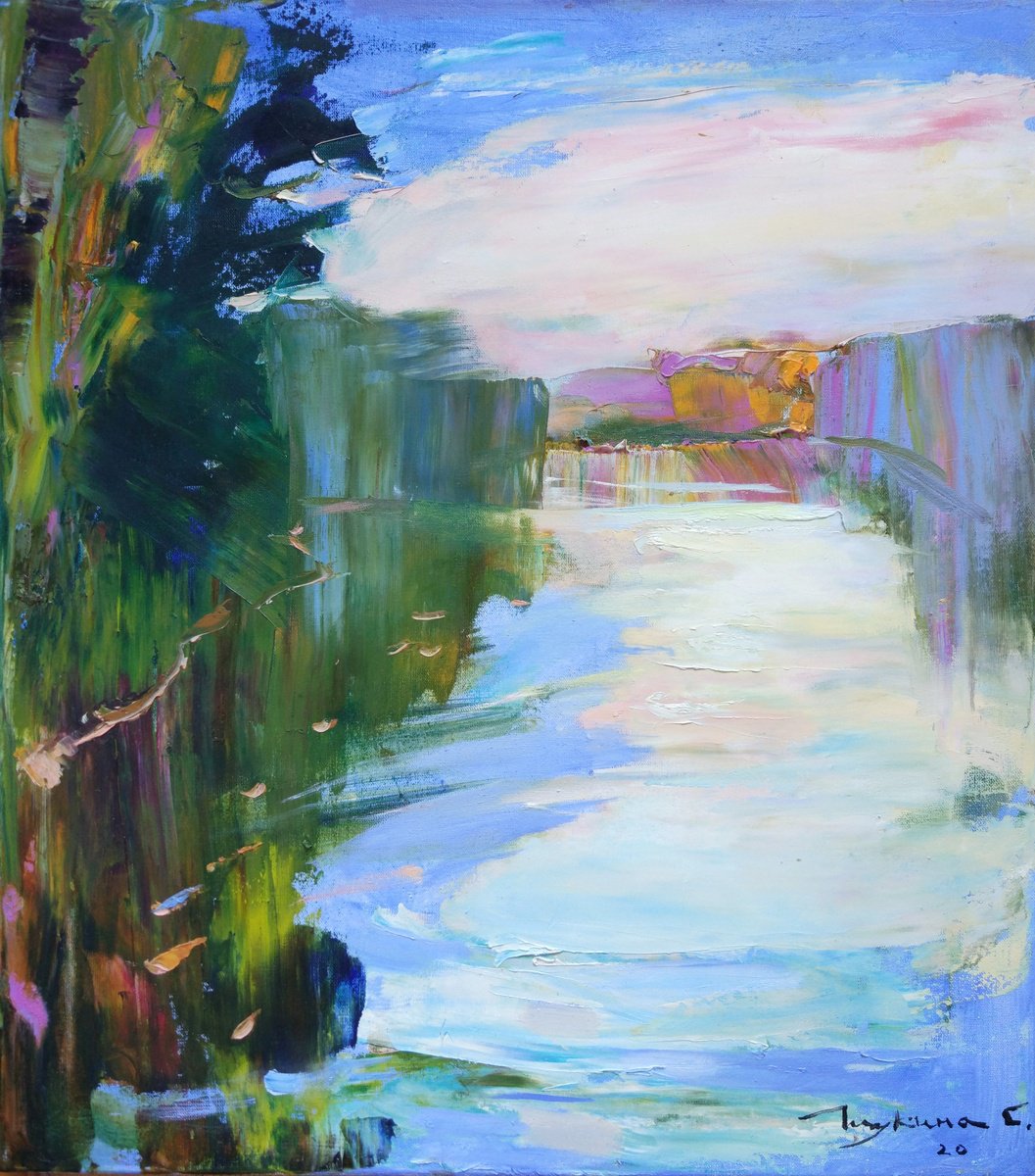 By the lake. Reflection of the sky in the water . Original oil painting by Helen Shukina