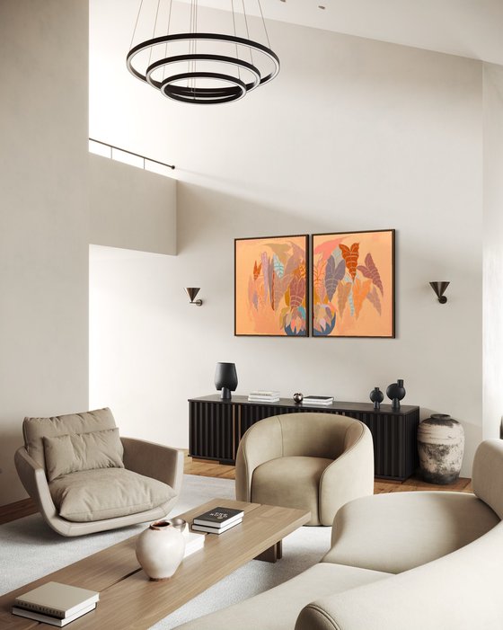 ‘Burnt Coral Alocasia and Begonia’ diptych