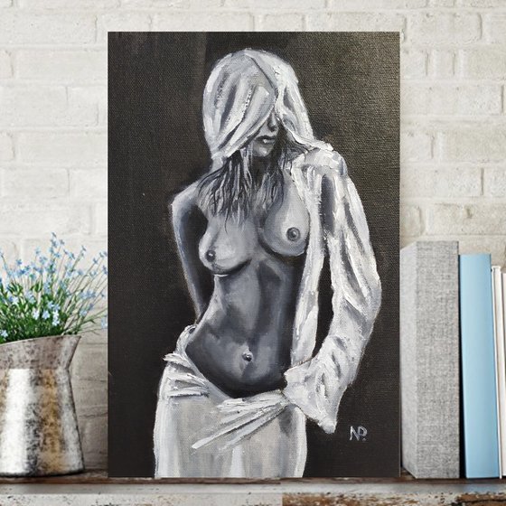 In the hood, nude erotic gestural oil painting, gift, black and white painting