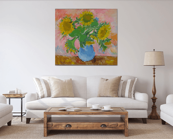 Sunflowers in a Blue Jug - Still Life - Large Size - Oil Painting - Living Room Decor - Wedding Gift