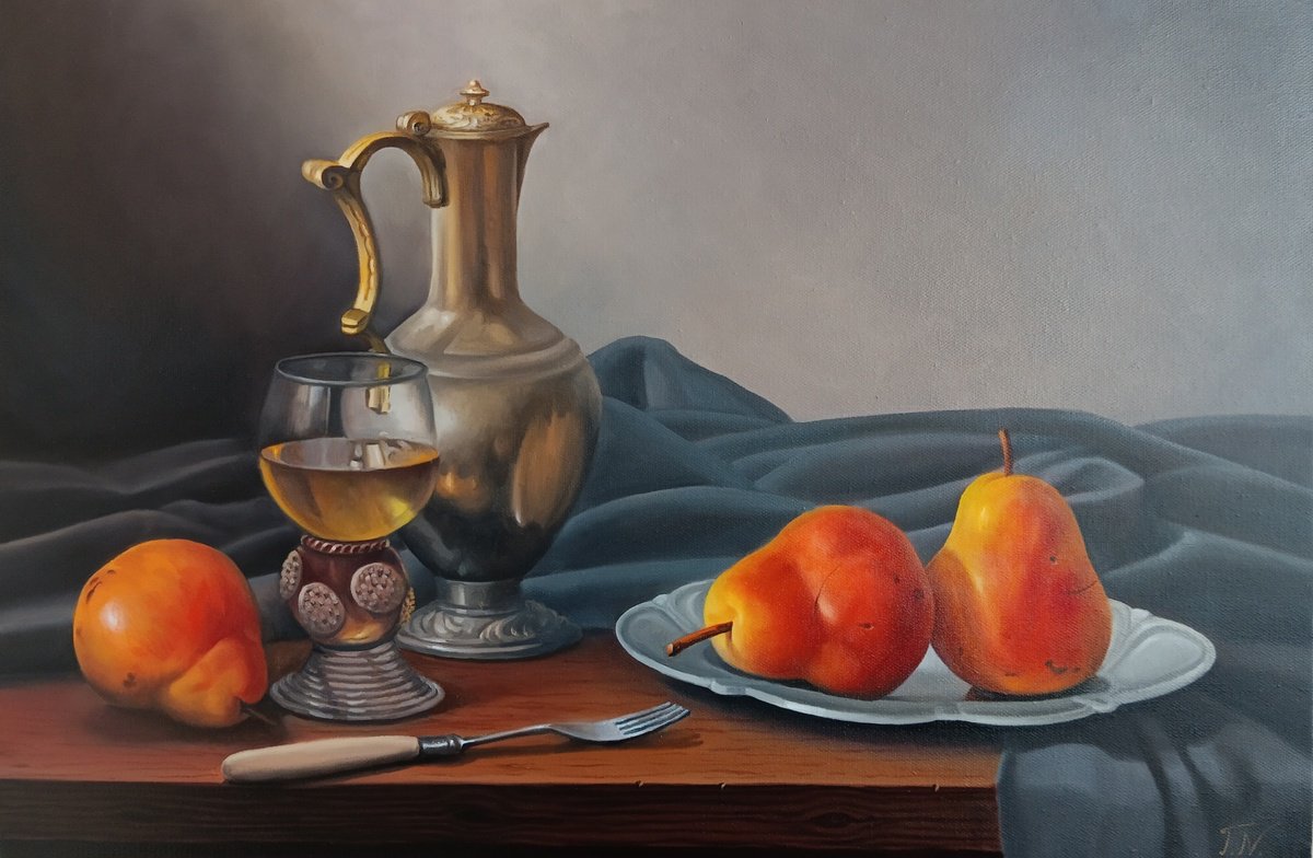 Photorealistic Still Life Oil Painting By Tamar Nazaryan, 24 X 16", Still Life With Pears, Original Artwork