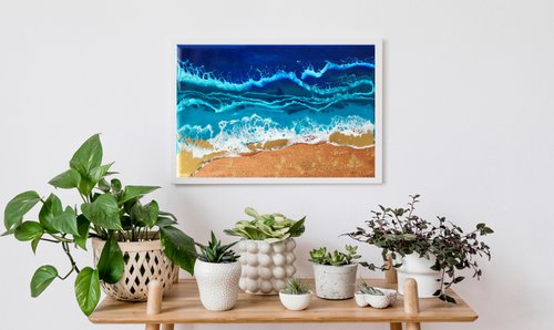 Gold sand beach - original seascape epoxy resin artwork by Delnara El