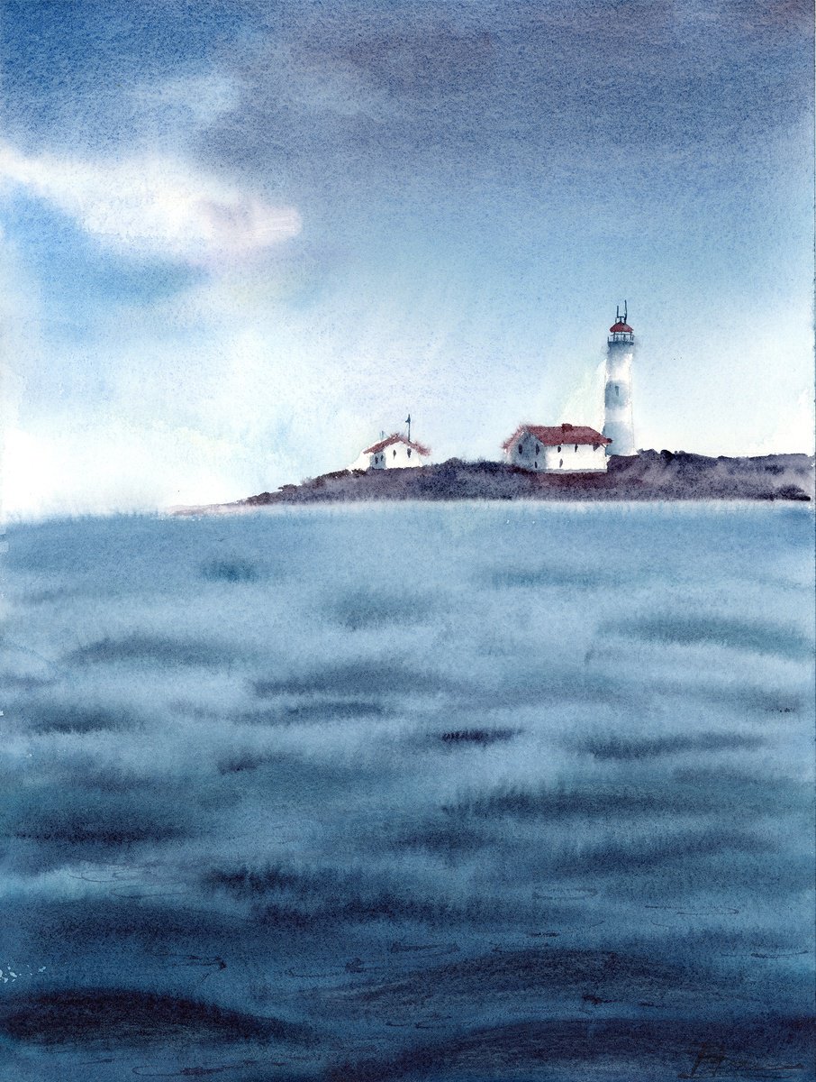 Impressionistic Landscape Watercolour By Olga Tchefranov (Shefranov), 11 X 15", Lighthouse On The Horizon, Original Artwork