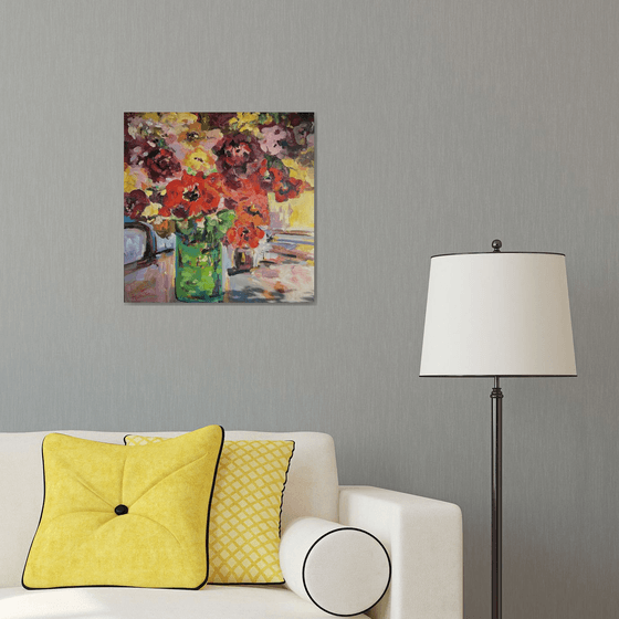 Poppies in Green Vase