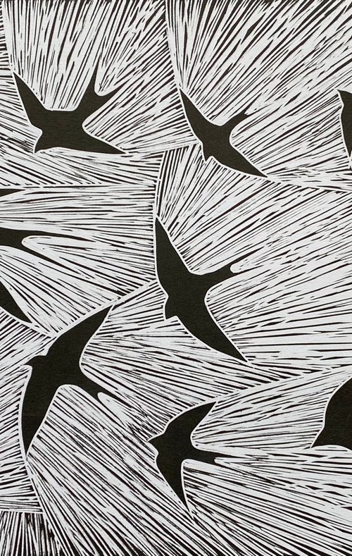 Linocut: Swallows 91/100 by Jane Dignum