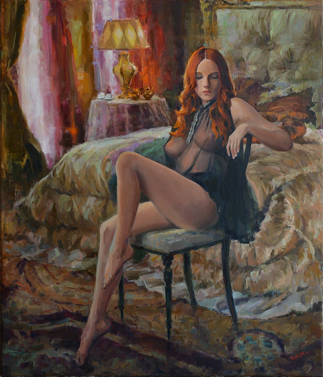 Impressionistic Portrait Oil Painting By Vachagan Manukyan, 24 X 28", In The Bedroom #2, Original Artwork