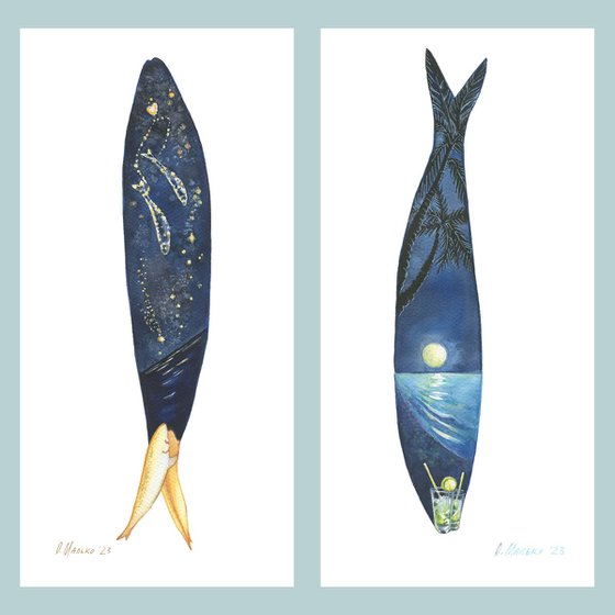 Love under the Sardines Constellation 20x42cm (8x16.5in). Two moonlight mojitos 20x42cm (8x16.5in). Set from the series My Sardines / ORIGINAL art Fish picture