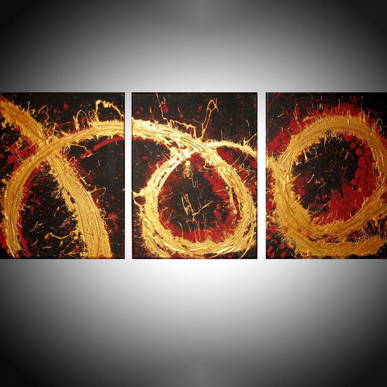 original gold red abstract landscape triptych "Flame on Fire" painting art canvas - 48 x 20 "