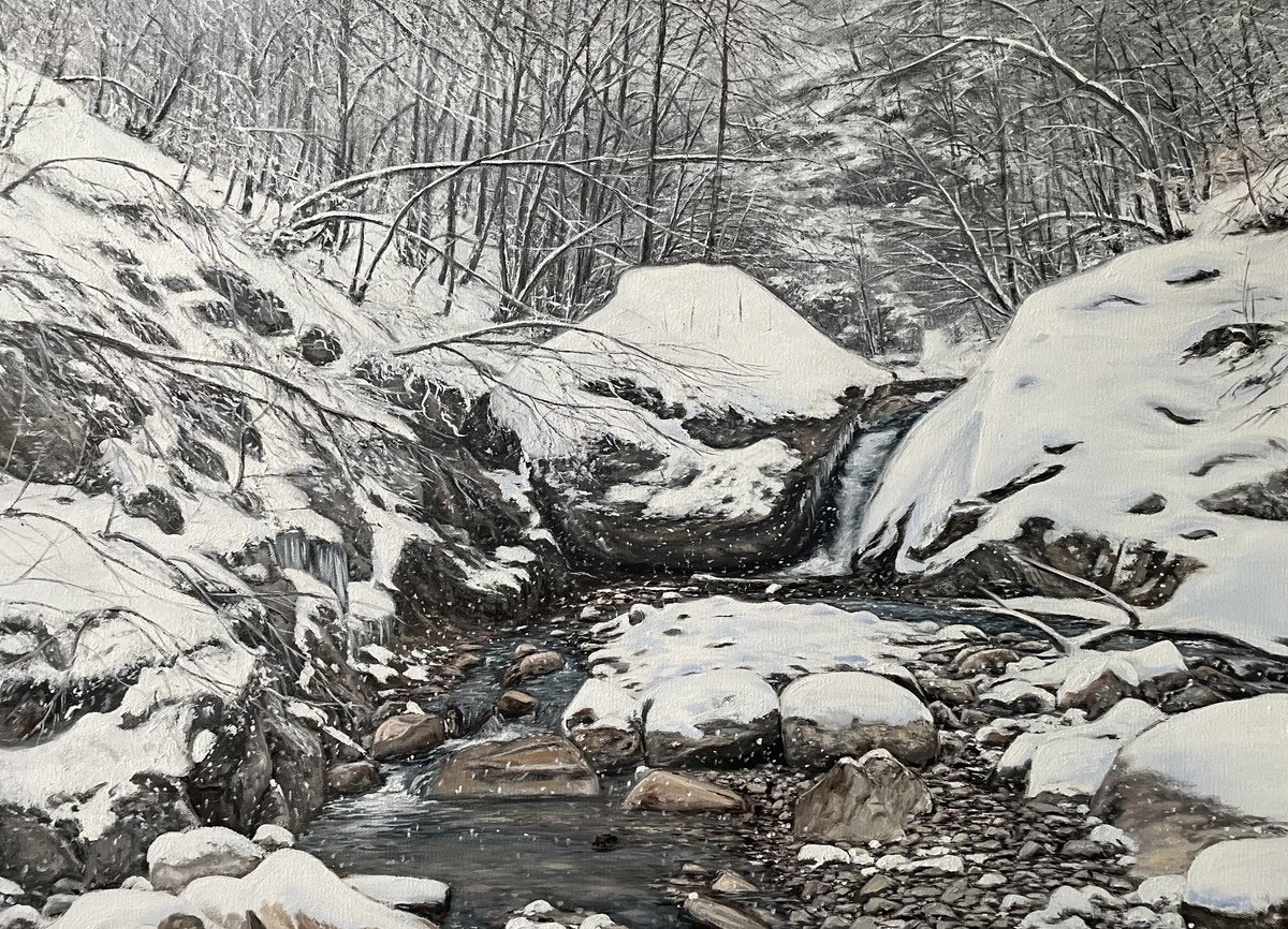 Photorealistic Landscape Oil Painting By Aflatun Israilov, 43 X 31, Veins Of The Earth - Winter Landscape, Original Artwork