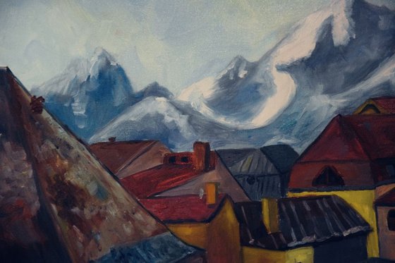 Slovak Original Oil Painting on Canvas Kežmarok. Mountain Town.