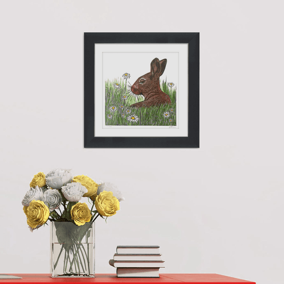 Summer daze (Rabbit in a daisy / wildflower meadow linopint) Ready to hang