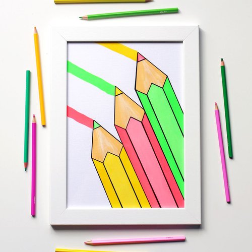 Colourful Pencils Pop Art Painting On Unframed A4 Paper by Ian Viggars