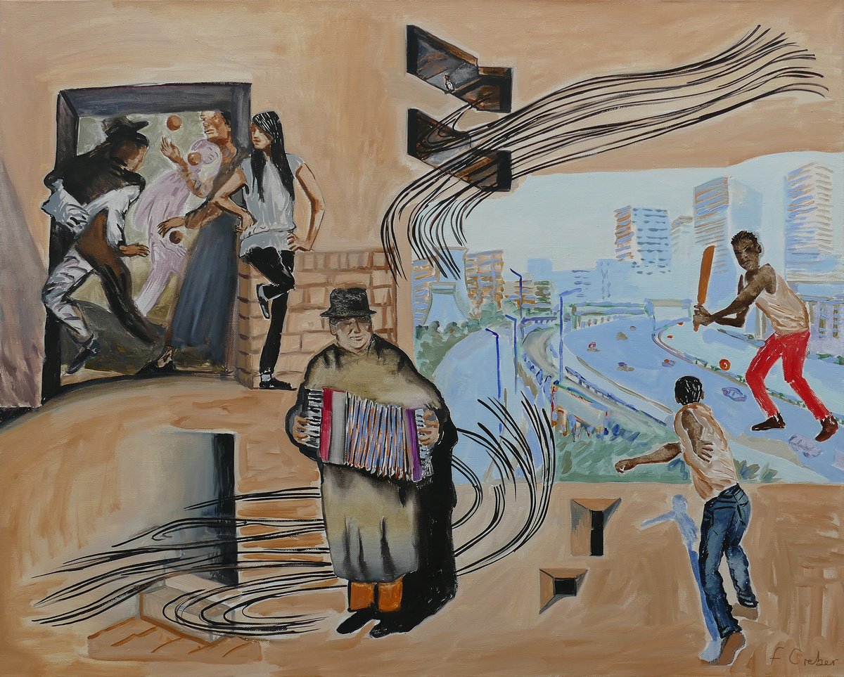 Expressive Cityscapes Oil Painting By Frank Creber, 39 X 31, Accordion Player At Aspen Way, Original Artwork