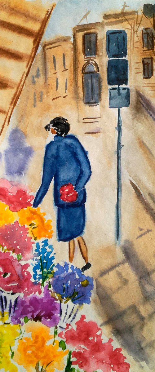 Paris Painting Cityscape Original Art Woman Watercolor Flower Shop Artwork Street Scene Small Home Wall Art 8 by 12" by Halyna Kirichenko by Halyna Kirichenko