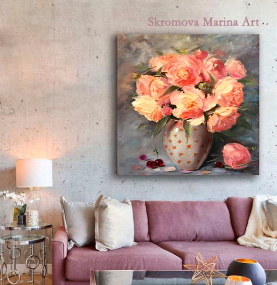 RESH BOUQUET OF DELICATE PEONIES - Modern still life. Colorful peonies. Magic flowers. Beautiful bouquet. Petals. Abstraction. Dreams.