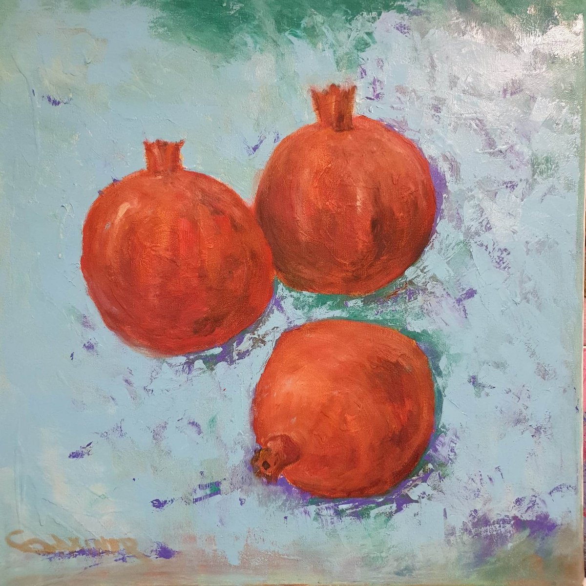 Impressionistic Still Life Oil Painting By Leo Baxiner, 20 X 20", Pomegranate, Original Artwork
