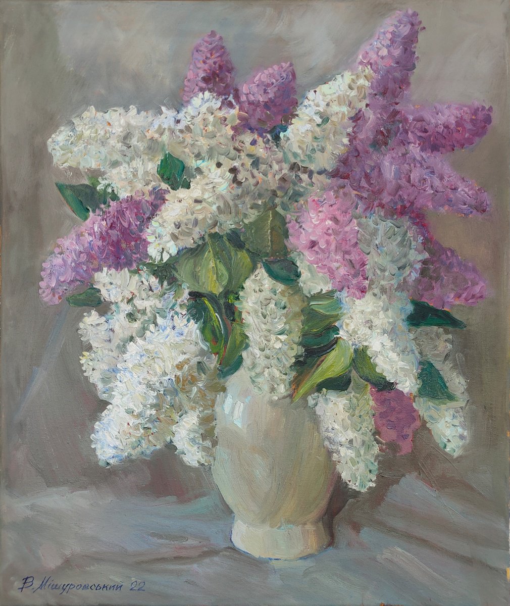 Impressionistic Still Life Oil Painting By Viktor Mishurovskiy, 20 X 24", Lilac Mood, Original Artwork
