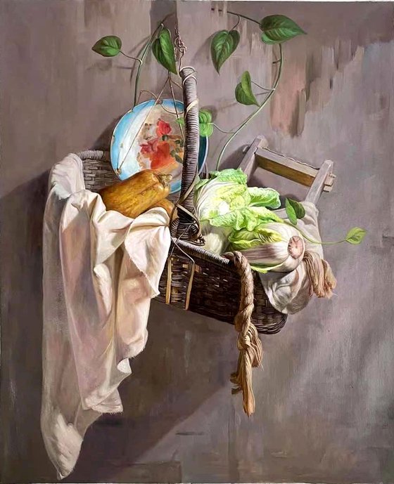 Original Still life oil painting:pumpkin in the basket