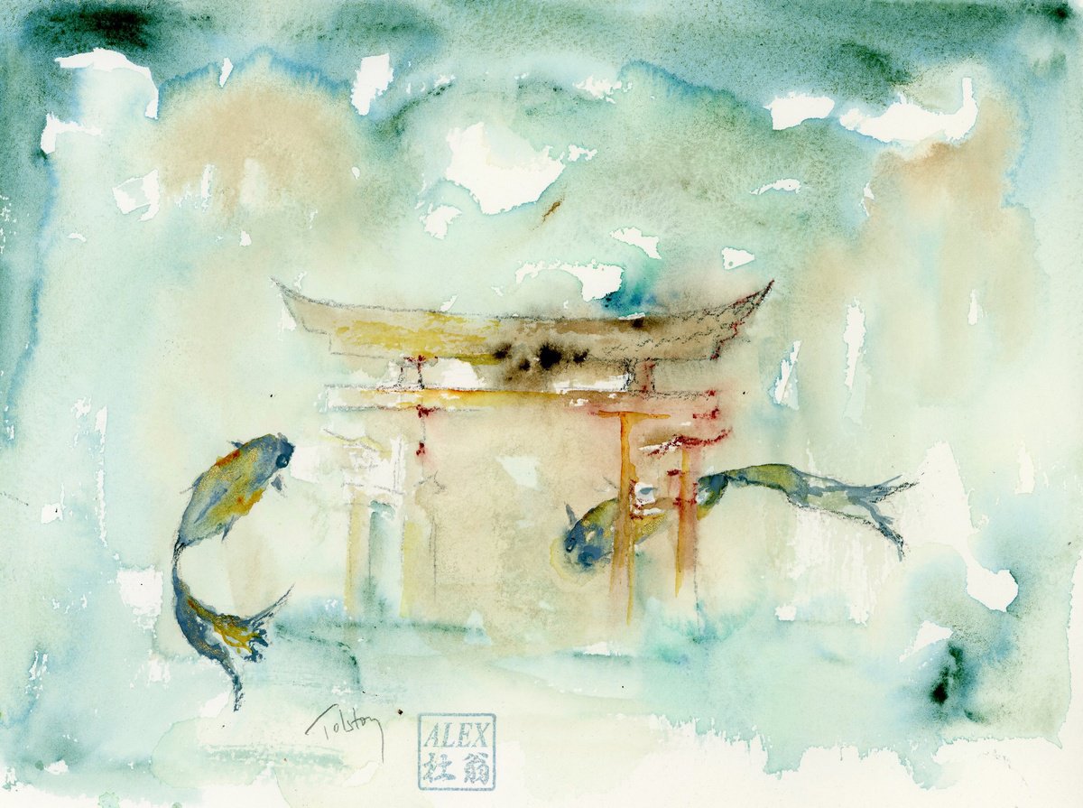 Impressionistic Animal Watercolour By Alex Tolstoy, 12 X 9, Torii & Koi, Original Artwork