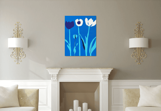 Blue Risograph of White Tulips