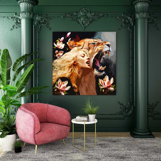 RRRrrrrr!!! Woman and lioness. Screaming woman and growling wild animal. Gift